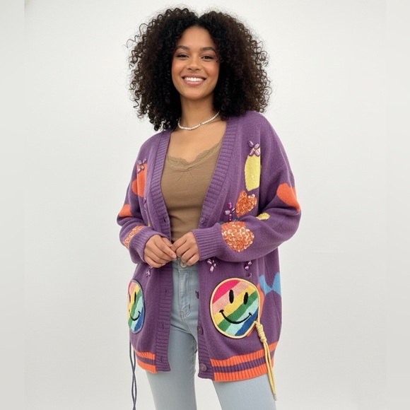 Smiley face cardigan 2 colors are available—- purple color - Picture 3 of 6